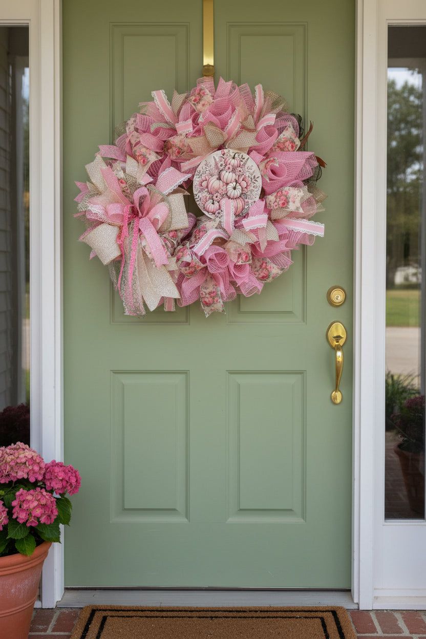 Blush & Bloom Harvest – Pink Pumpkin Fall Wreath