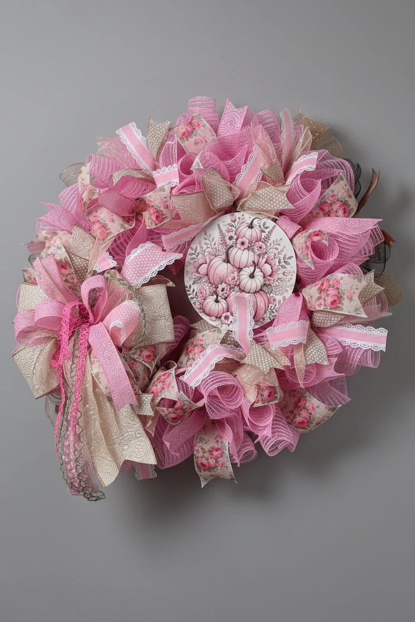 Blush & Bloom Harvest – Pink Pumpkin Fall Wreath