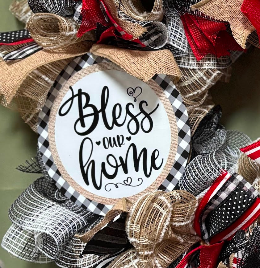 Bless Our Home Burlap & Buffalo Plaid Wreath