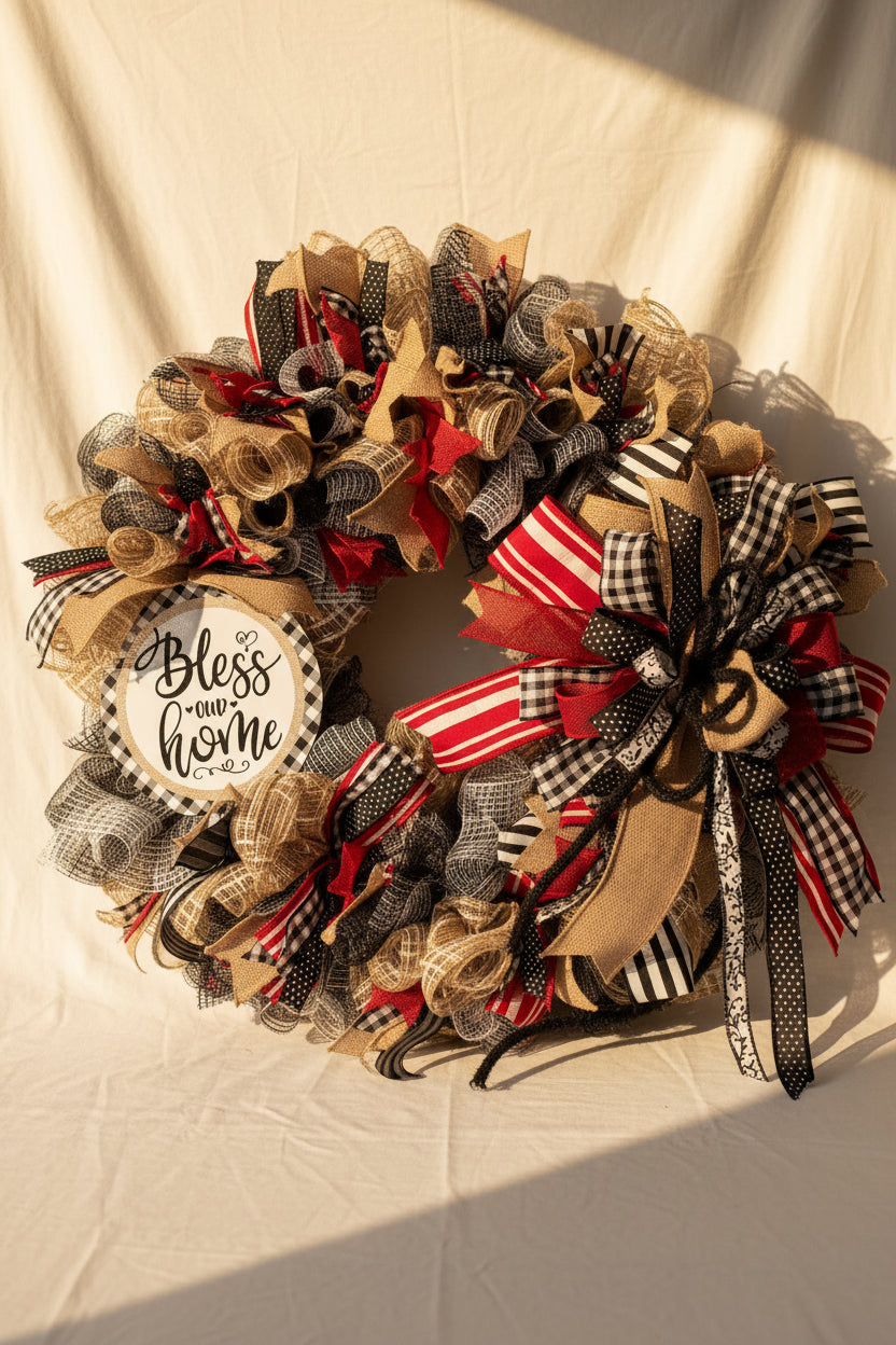 Bless Our Home Burlap & Buffalo Plaid Wreath