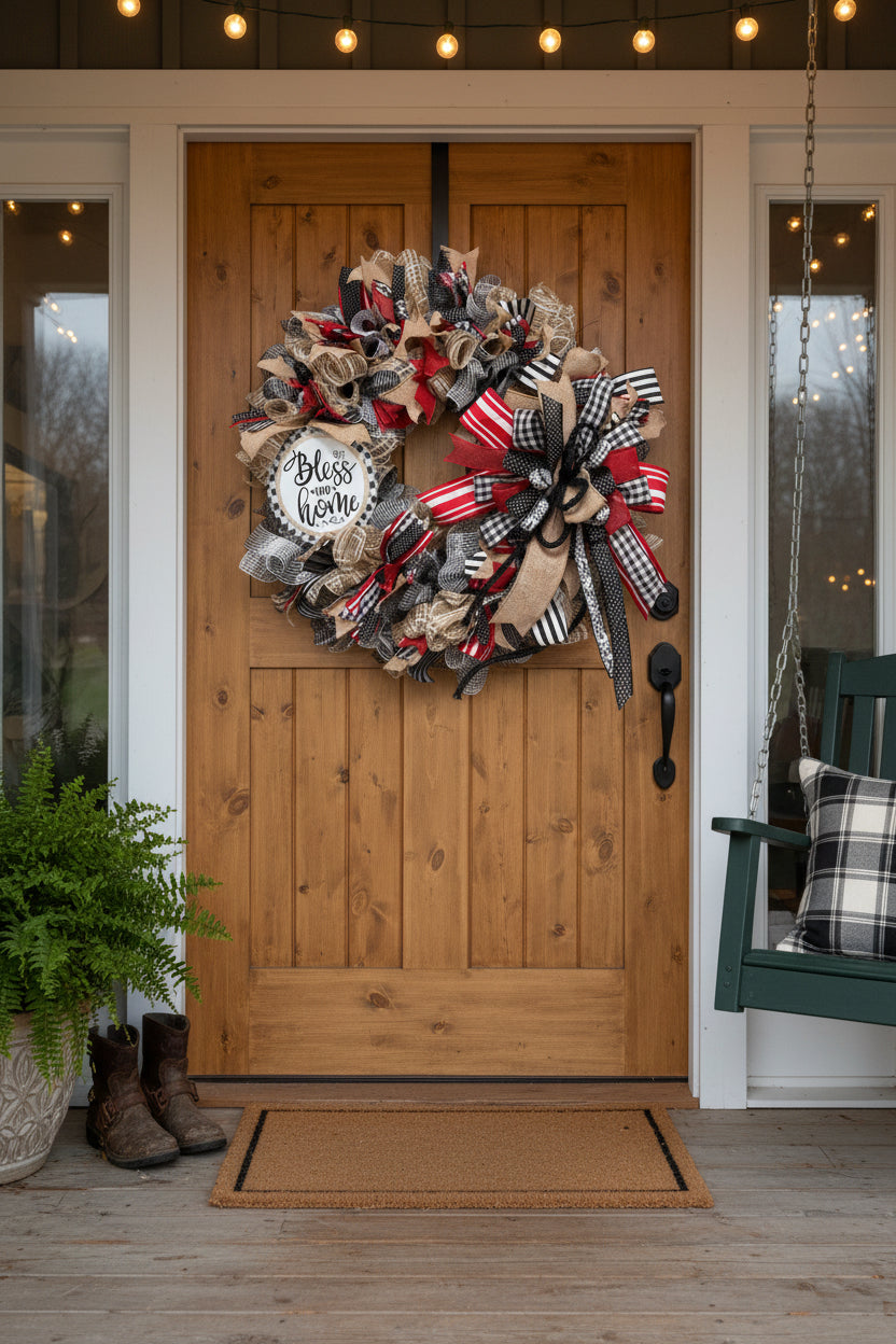 Bless Our Home Burlap & Buffalo Plaid Wreath