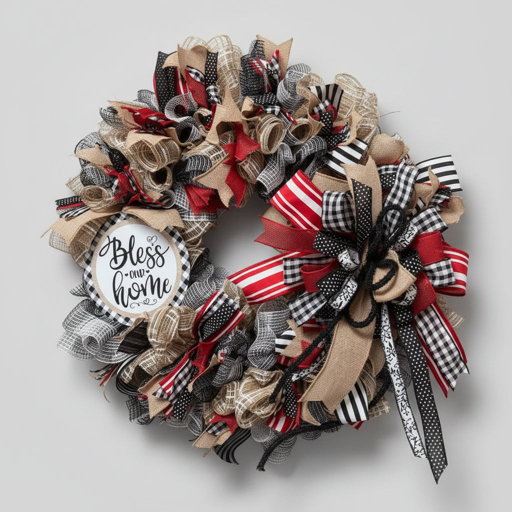 Bless Our Home Burlap & Buffalo Plaid Wreath