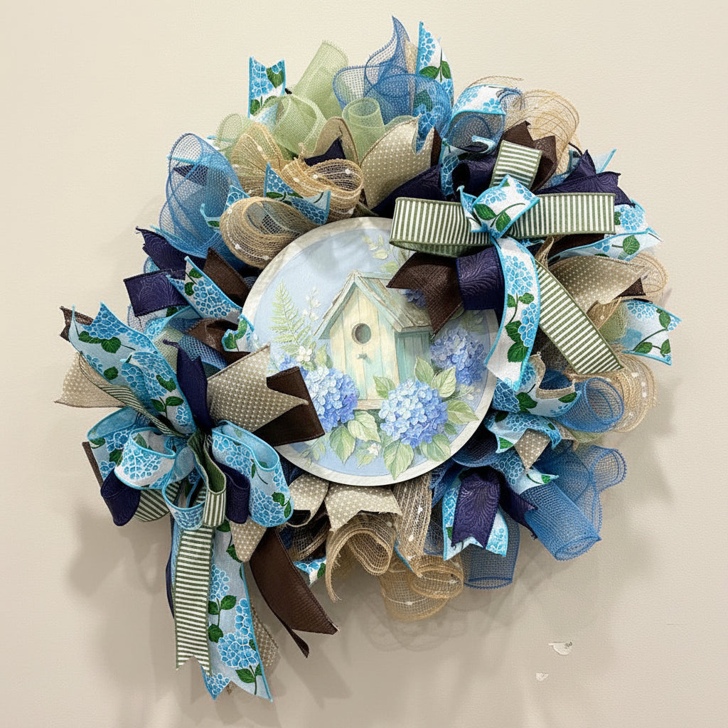Birdhouse Hydrangea Deco Mesh Wreath