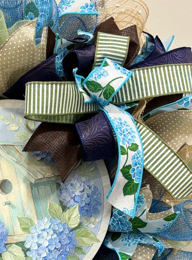 Birdhouse Hydrangea Deco Mesh Wreath