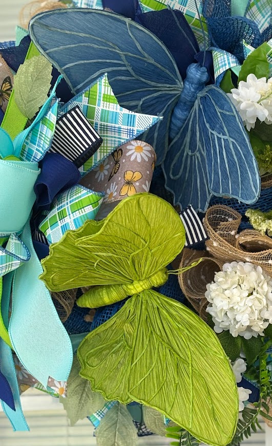 Navy & Lime Butterfly Garden Deco Mesh Wreath