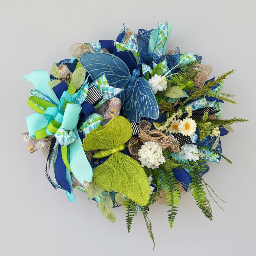 Navy & Lime Butterfly Garden Deco Mesh Wreath