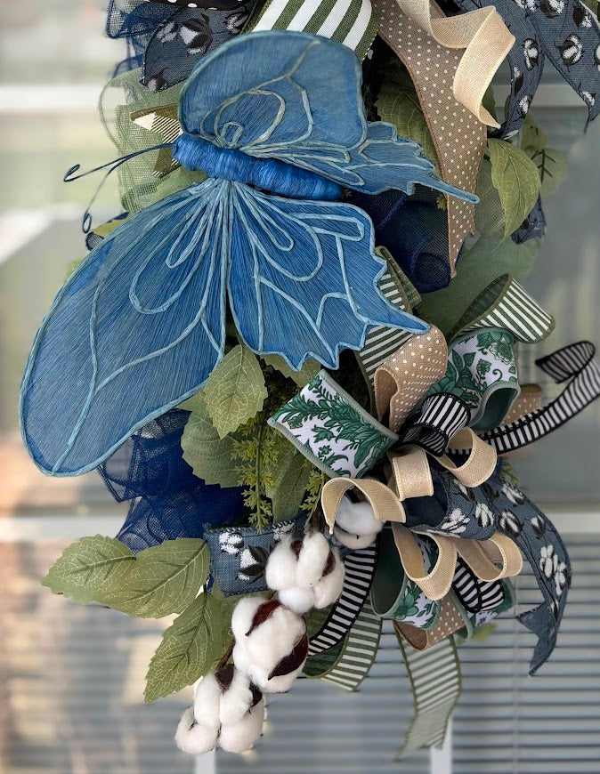 Denim Blue Butterfly Cotton Boll Swag