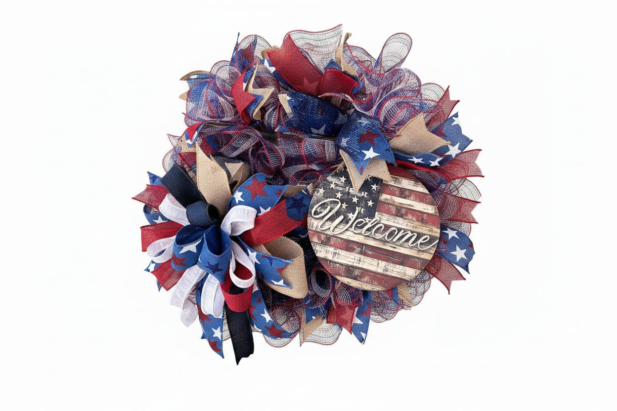 Patriotic Welcome Deco Mesh Wreath