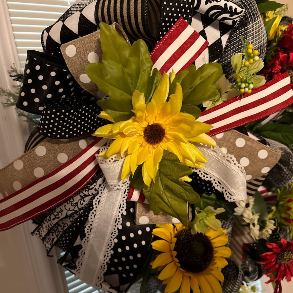 Black & White Sunflower Deco Mesh Wreath