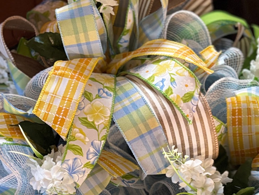 Blue & Yellow Spring Plaid Deco Mesh Wreath