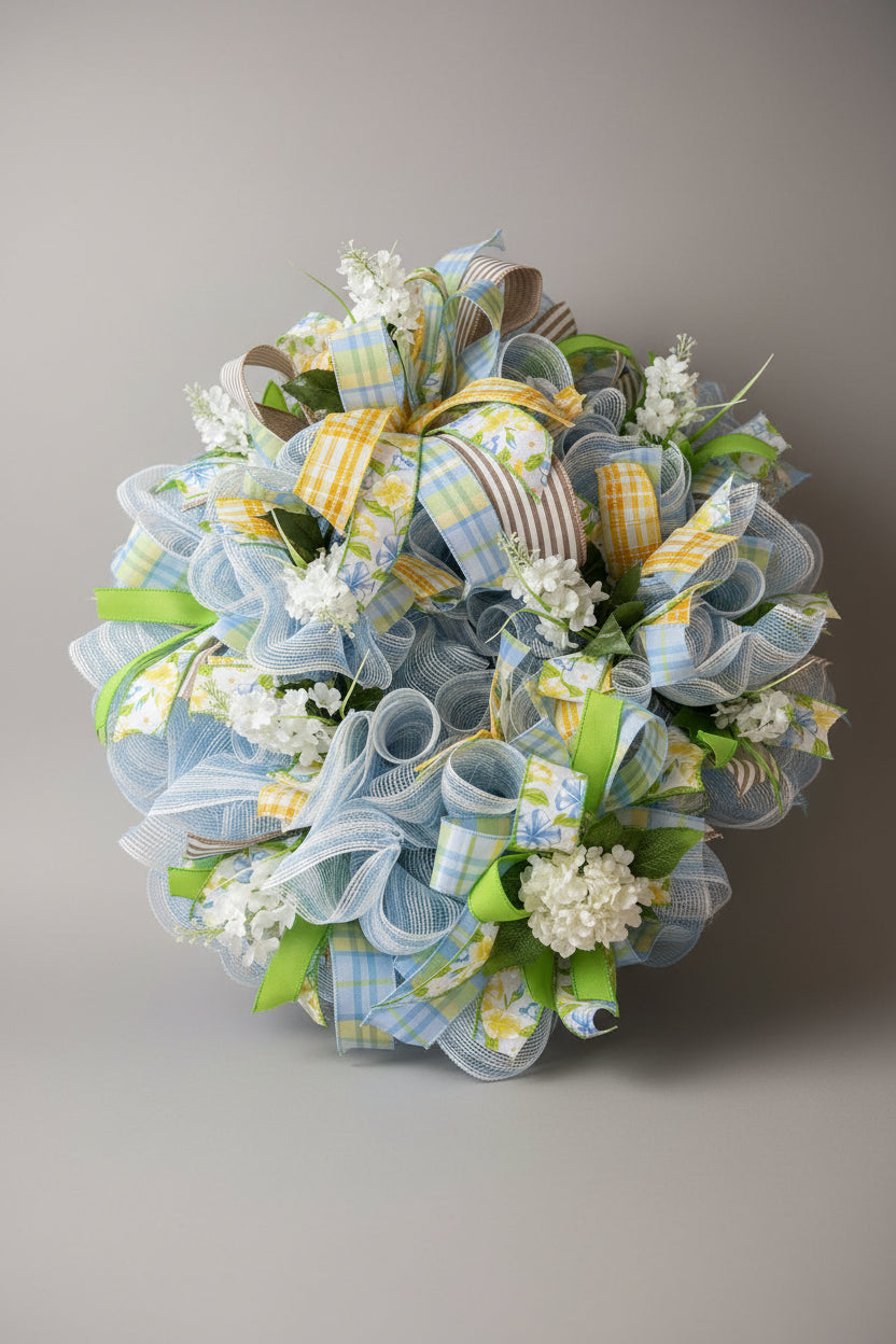 Blue & Yellow Spring Plaid Deco Mesh Wreath