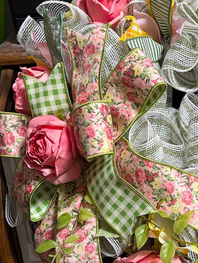 Pink Rose Garden Deco Mesh Wreath