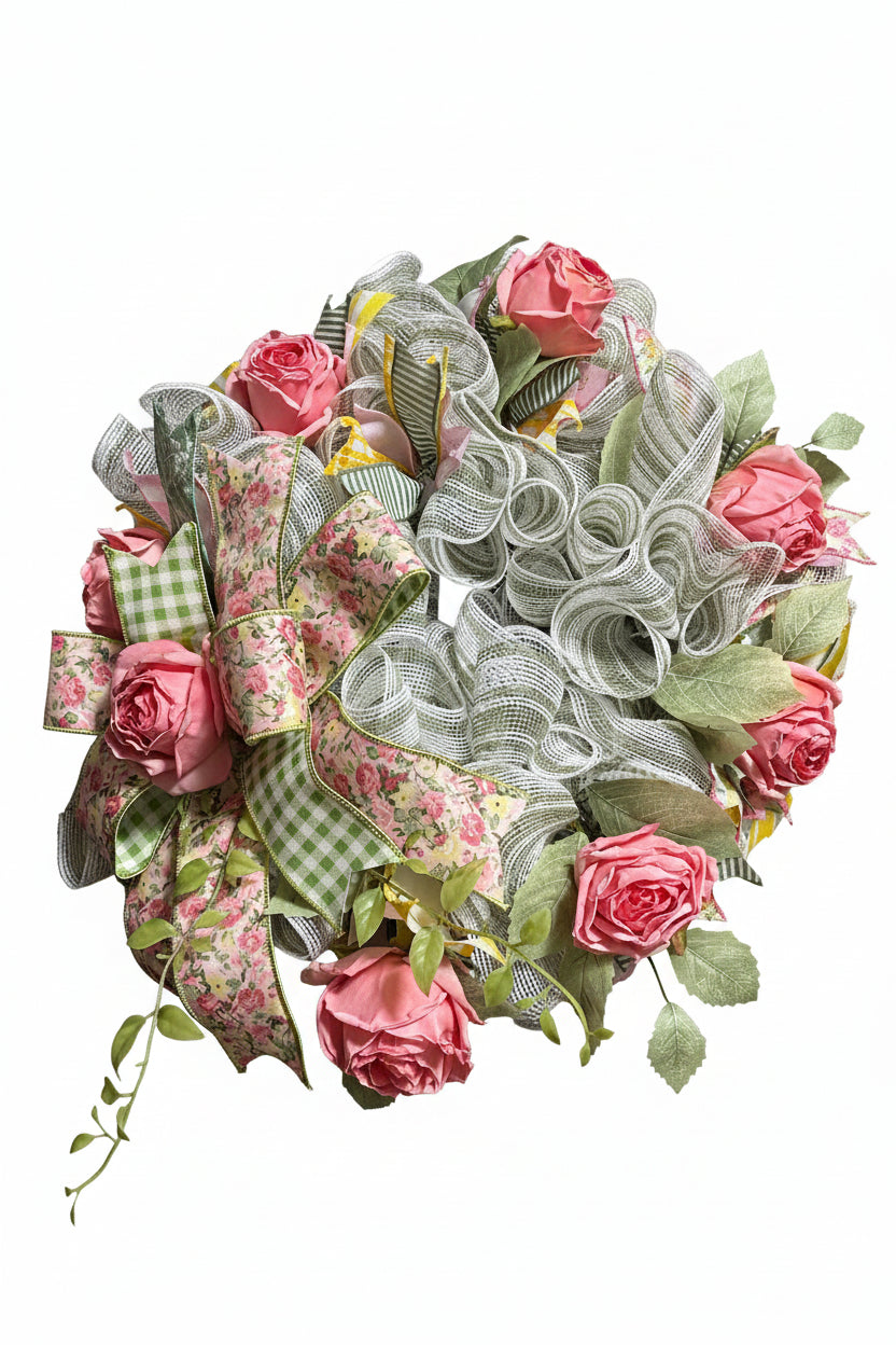 Pink Rose Garden Deco Mesh Wreath