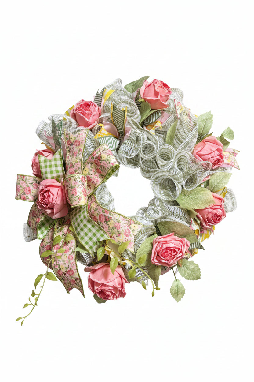 Pink Rose Garden Deco Mesh Wreath