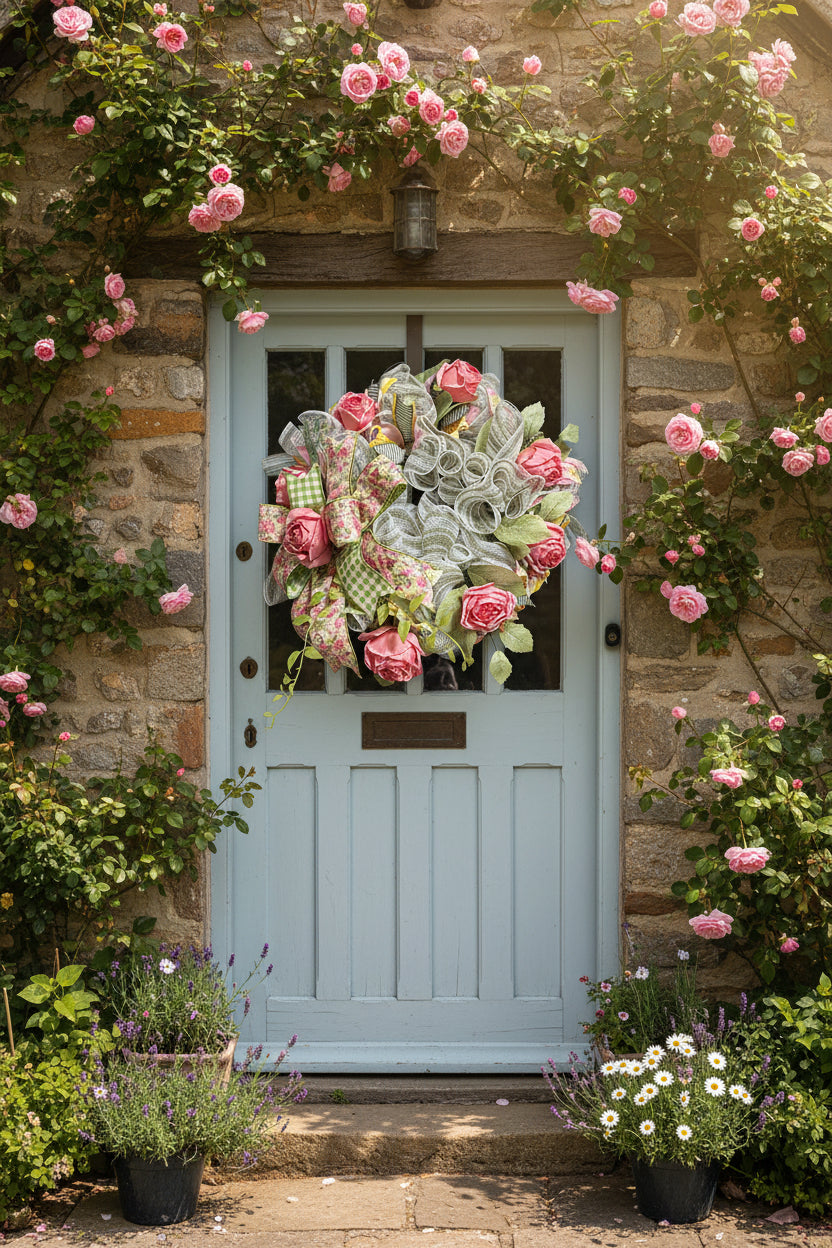 Pink Rose Garden Deco Mesh Wreath