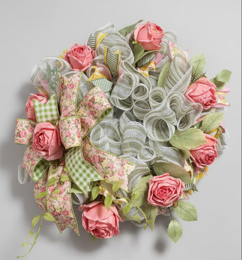 Pink Rose Garden Deco Mesh Wreath