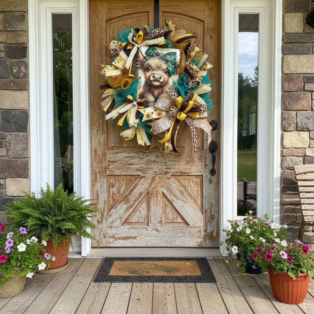 Highland Cow Sunflower Welcome Wreath