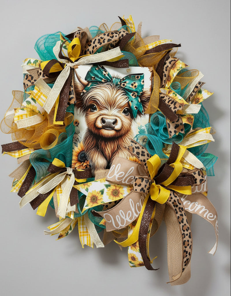 Highland Cow Sunflower Welcome Wreath