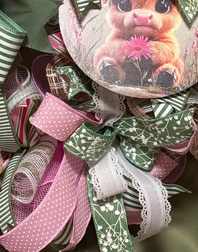Baby Highland Cow Pink & Sage Wreath