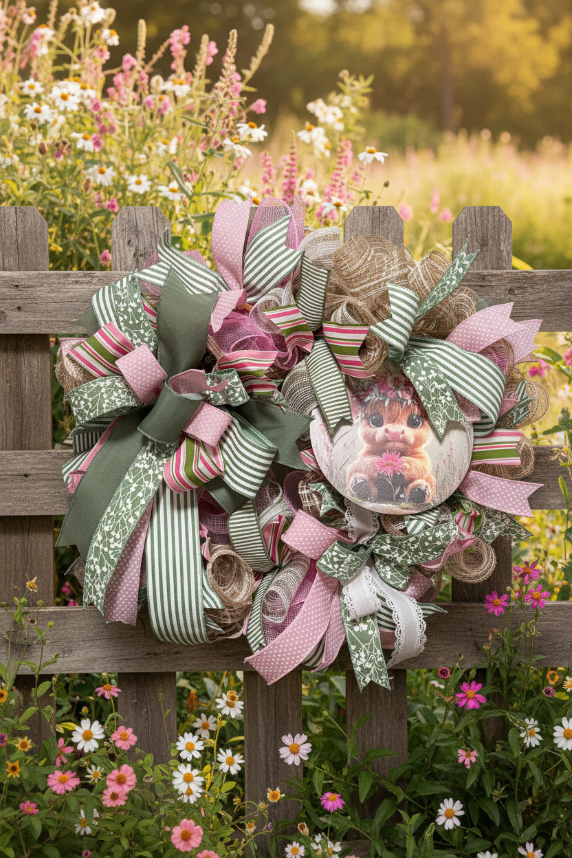 Baby Highland Cow Pink & Sage Wreath