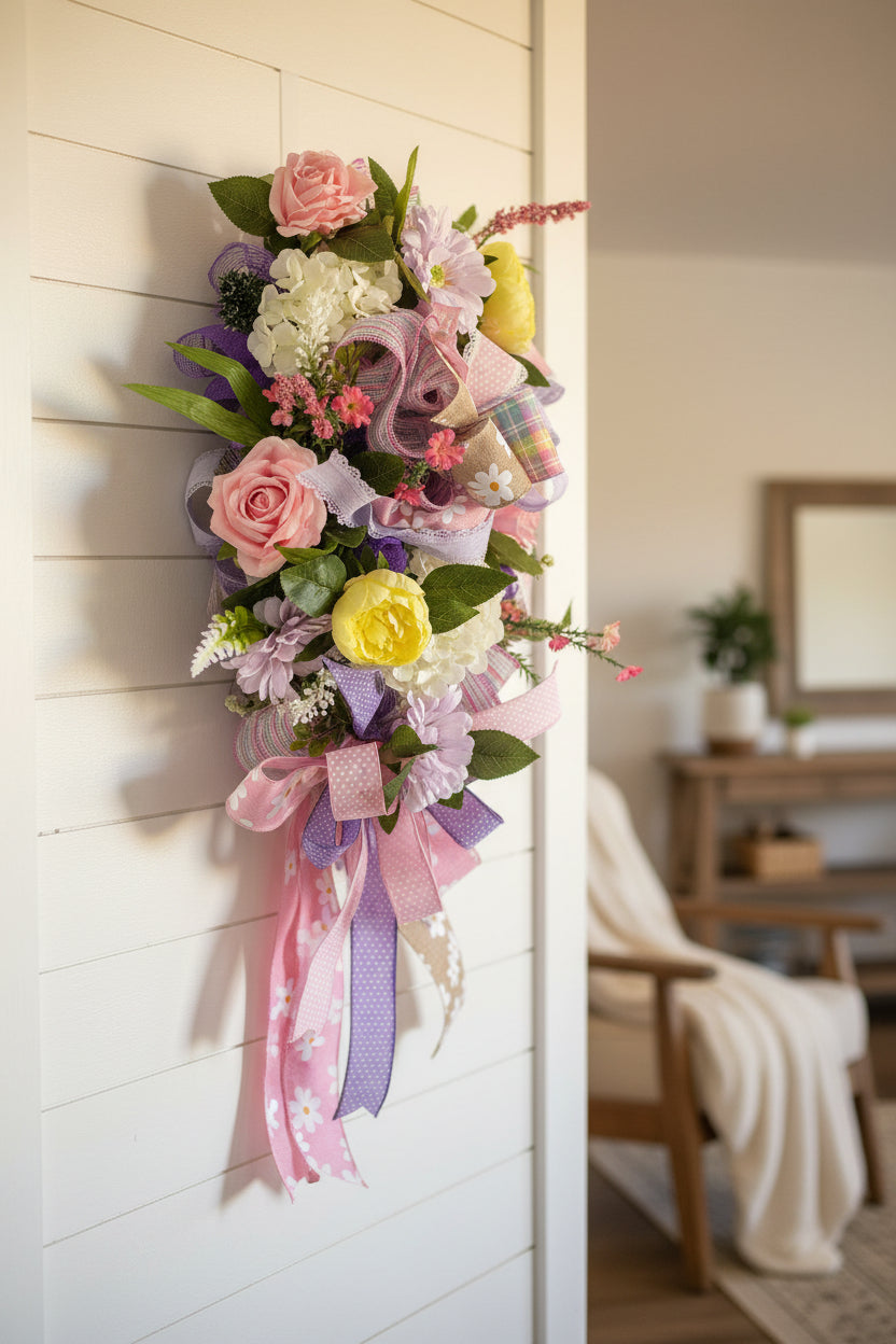 Spring pastel floral swag front view with hydrangeas, daisies, and layered ribbons