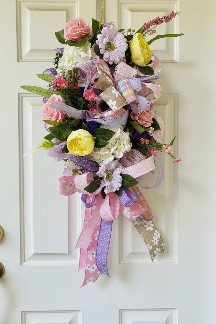 Spring pastel floral swag on white door with pink roses, yellow peonies, and purple ribbons