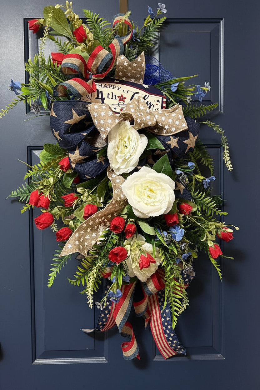 Full view of 4th of July floral swag on white door with red tulips, white peonies, blue flowers, and patriotic ribbons