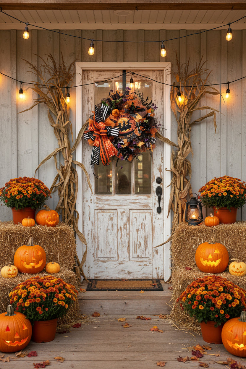 Full view of Hocus Pocus Halloween wreath on white door with orange, black, and purple ribbons, mini pumpkin, and witch sign