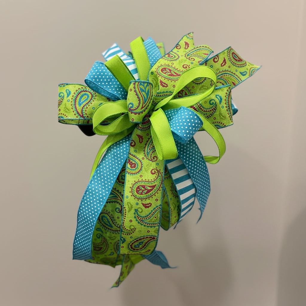 Lime Paisley & Aqua Polka Dot Bow