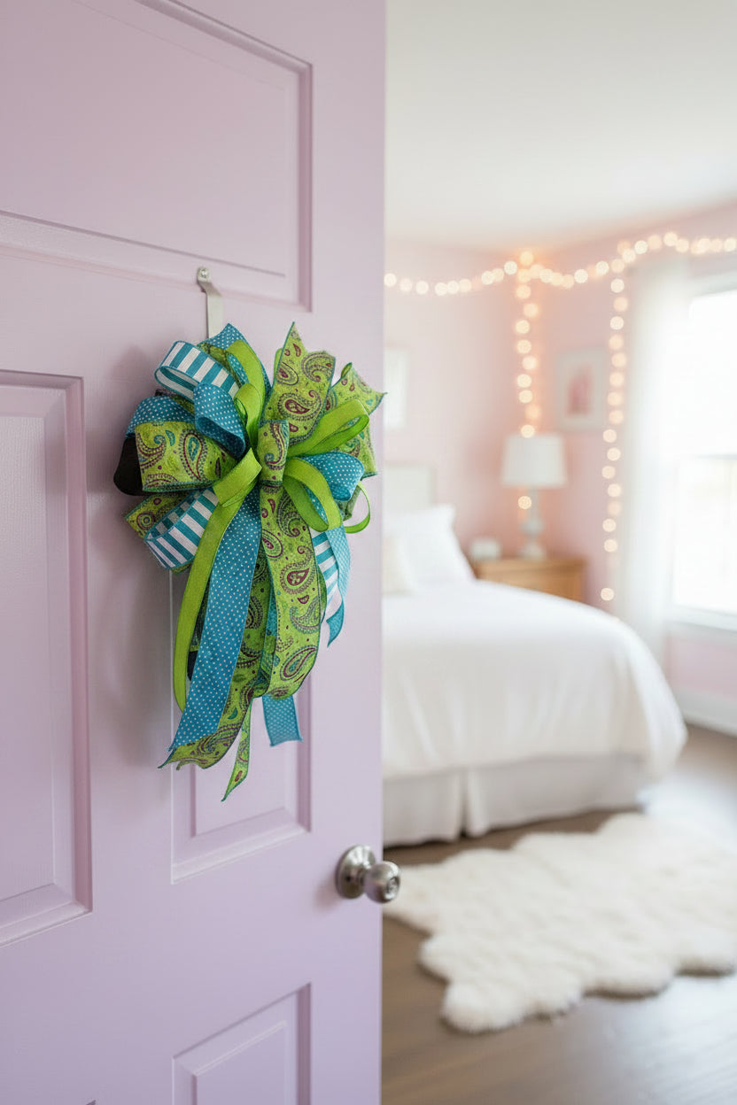 Lime Paisley & Aqua Polka Dot Bow