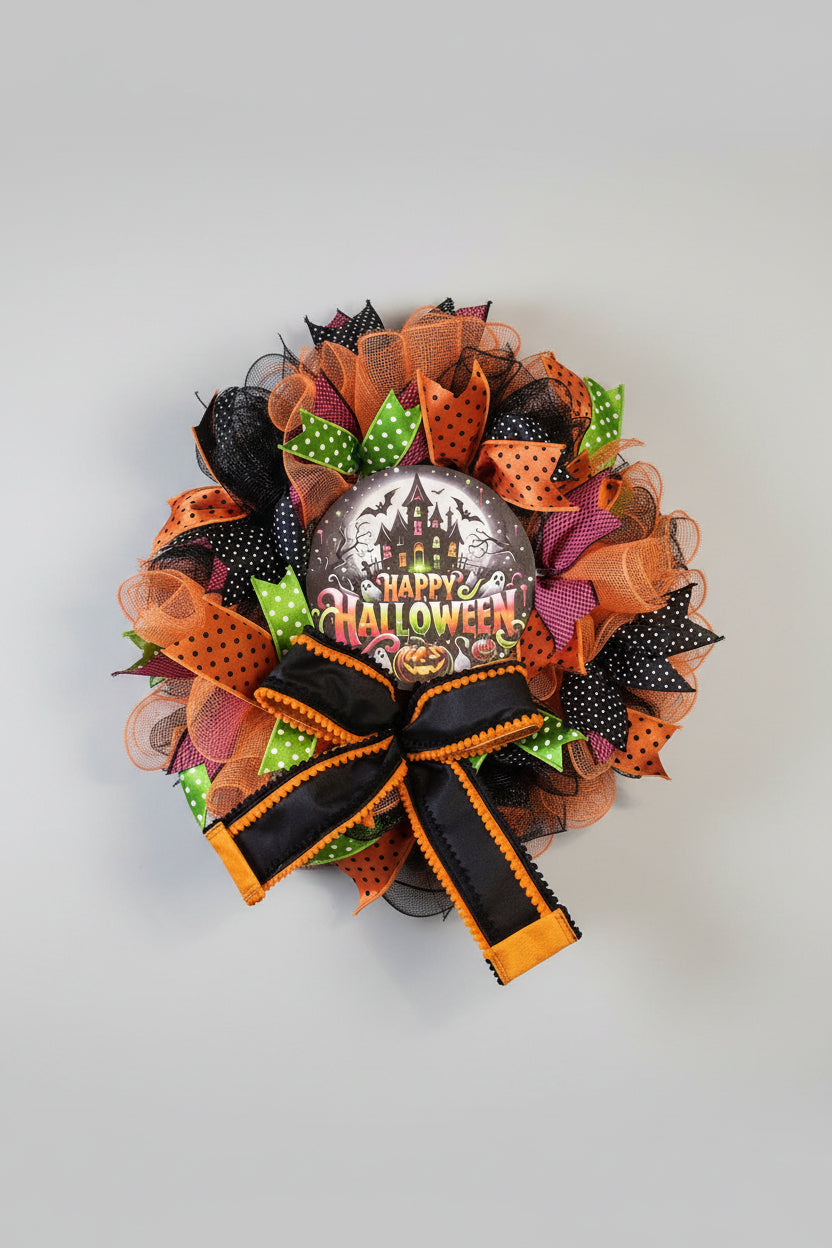 Happy Halloween Haunted House Wreath