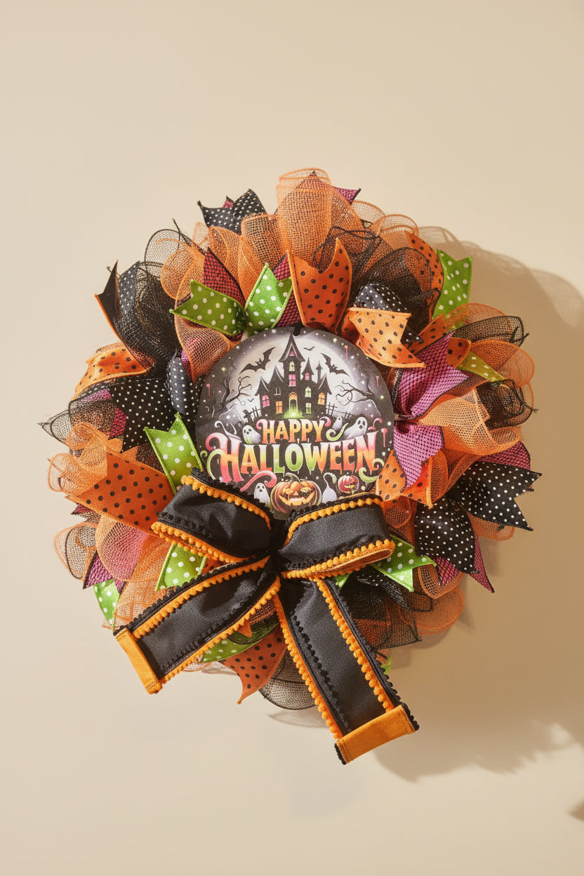 Happy Halloween Haunted House Wreath