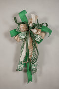 Full view of Emerald Chinoiserie Welcome bow with emerald, copper stripe and cream lace ribbons