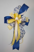Chinoiserie and Sunshine handcrafted bow with navy, yellow damask, stripe and cream lace ribbon
