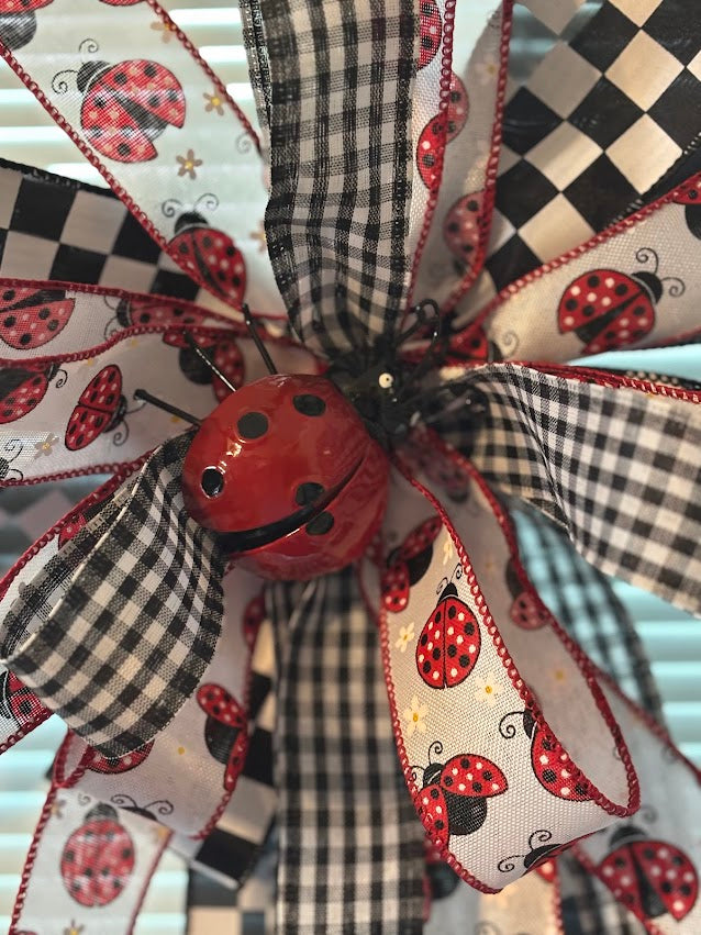 Close-up of The Lovely Ladybug bow center showing red ladybug embellishment