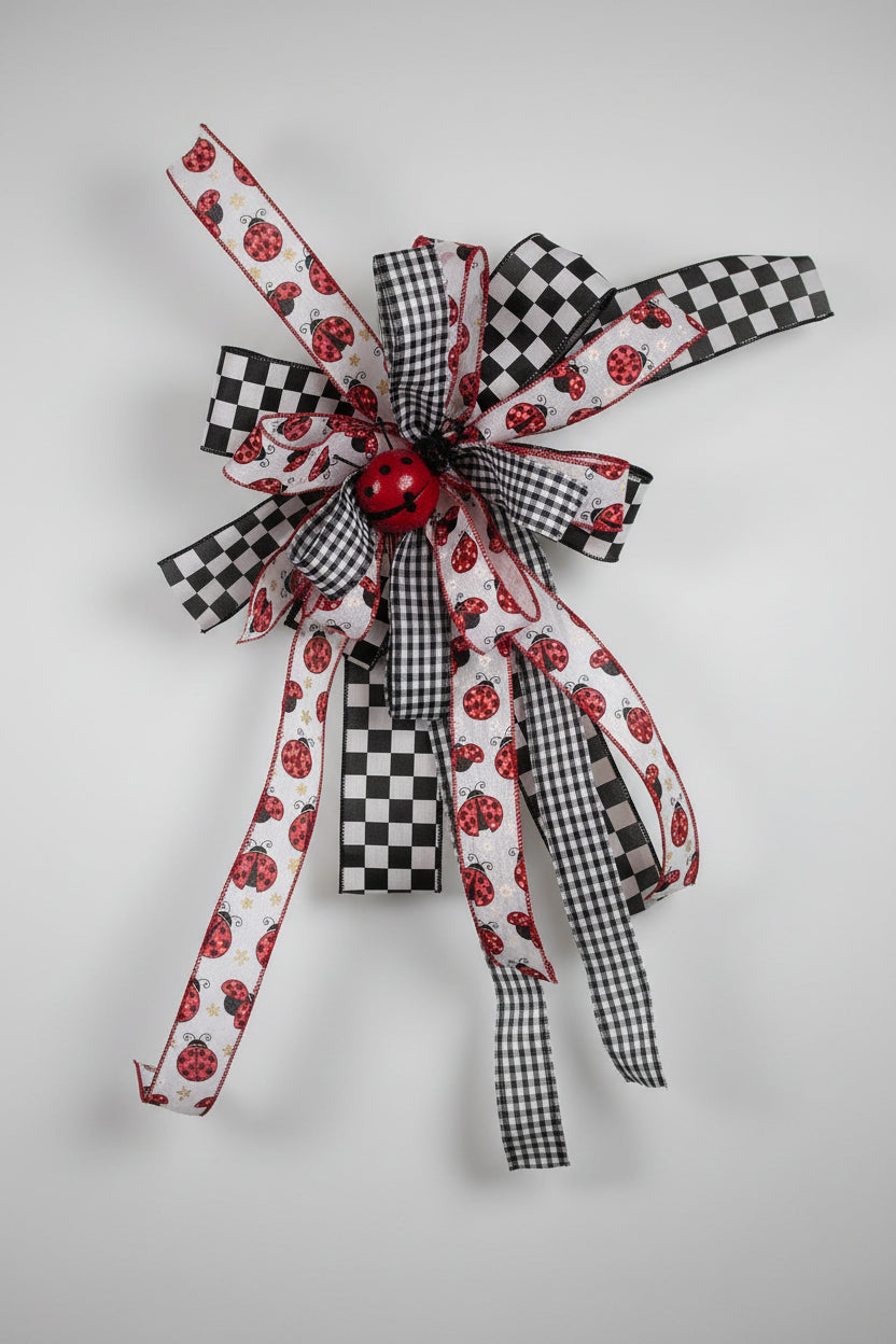 The Lovely Ladybug handcrafted bow with ladybug print, gingham and checker ribbon