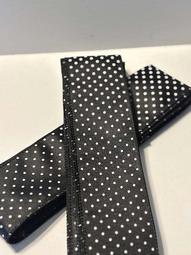 Black satin wired ribbon with white swiss dots in 2.5 inch width