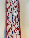 Patriotic red white and blue stars and streamers wired ribbon with glitter finish
