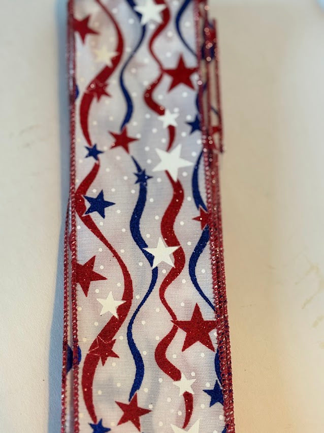 Patriotic red white and blue stars and streamers wired ribbon with glitter finish