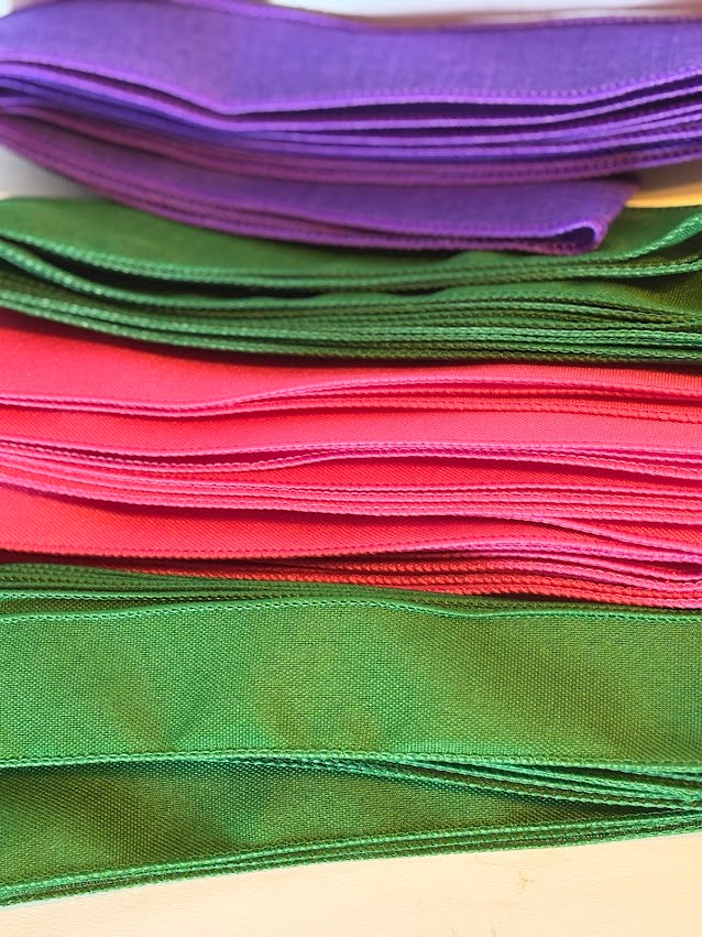 Royal burlap wired ribbon in purple, forest green, hot pink and olive green
