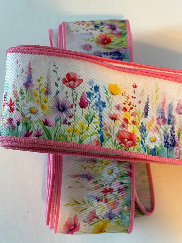 Close-up of watercolor wildflower ribbon showing poppies, daisies and lavender
