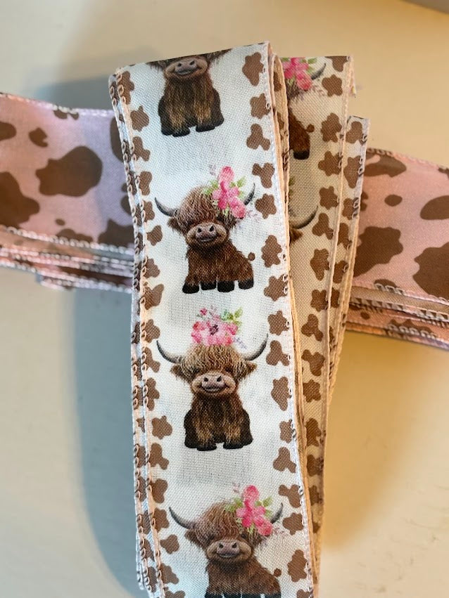 Highland cow ribbon bundle showing cow print and pink cow print wired ribbon