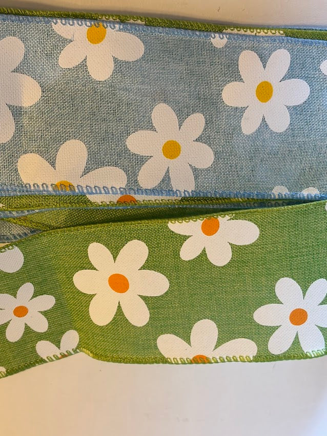 Daisy ribbon bundle showing blue and green wired ribbon side by side