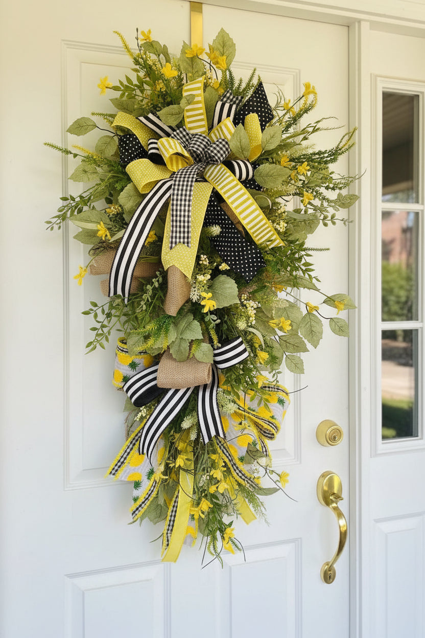 Side view of Sunny Days Swag showing cascading greenery and layered bow detail