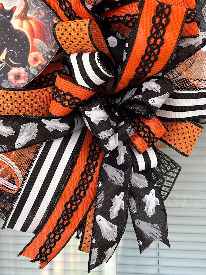 Ribbon detail on Halloween wreath