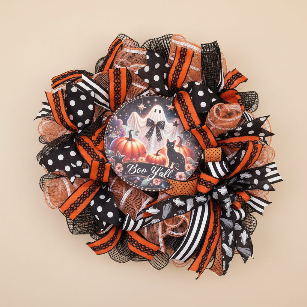 Boo Y'all Halloween wreath hanging on window