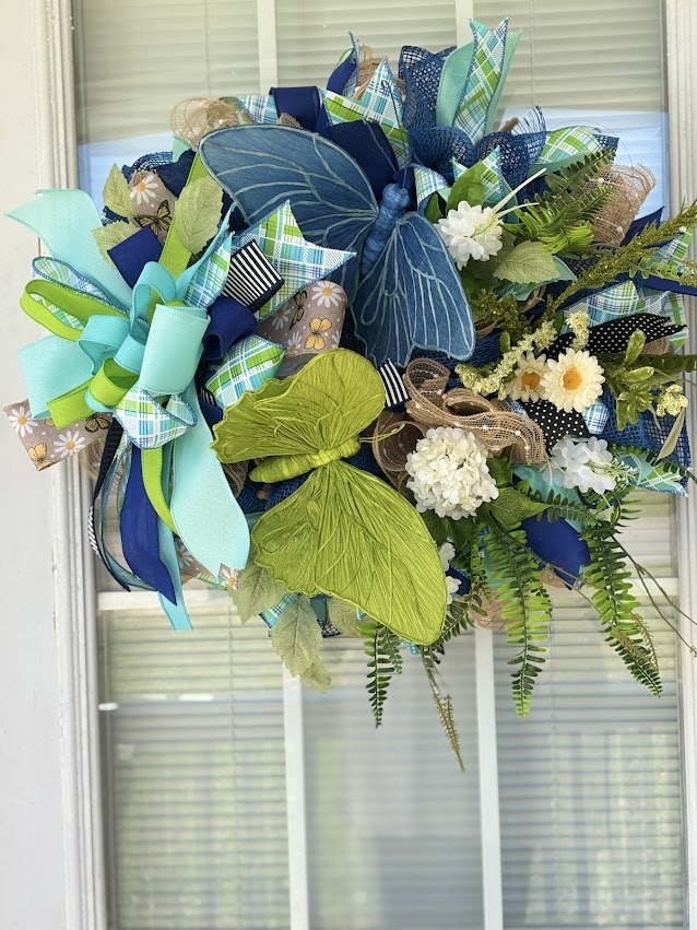Navy & Lime Butterfly Garden Deco Mesh Wreath