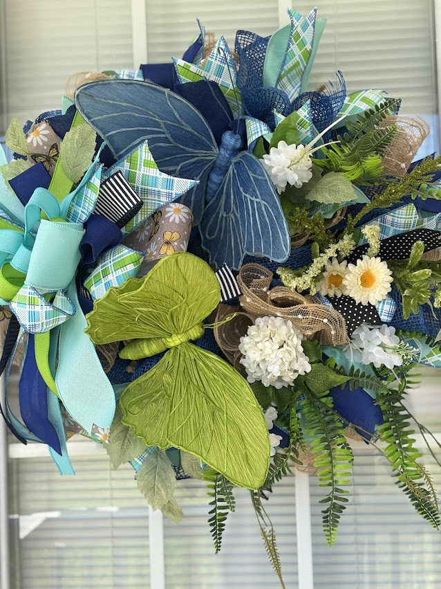Navy & Lime Butterfly Garden Deco Mesh Wreath