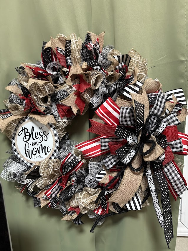 Bless Our Home Burlap & Buffalo Plaid Wreath