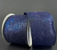 1.5" Navy Floral Embossed Glitter Ribbon - 3 Yard Bundle